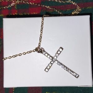 White Crystal Cross Pendant Goldtone Chain Renewed